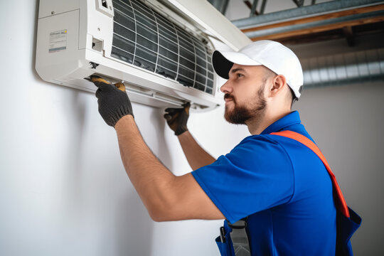 HVAC technician installing a mini split air conditioner in Menlo Park