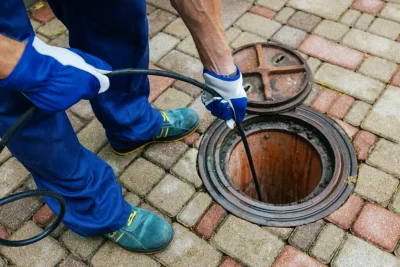 Plumber cleaning an outdoor sewer drain in Menlo Park