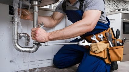 Plumber repairing pipes beneath a sink in Menlo Park