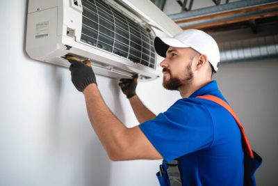 HVAC technician installing a mini split air conditioner in Menlo Park